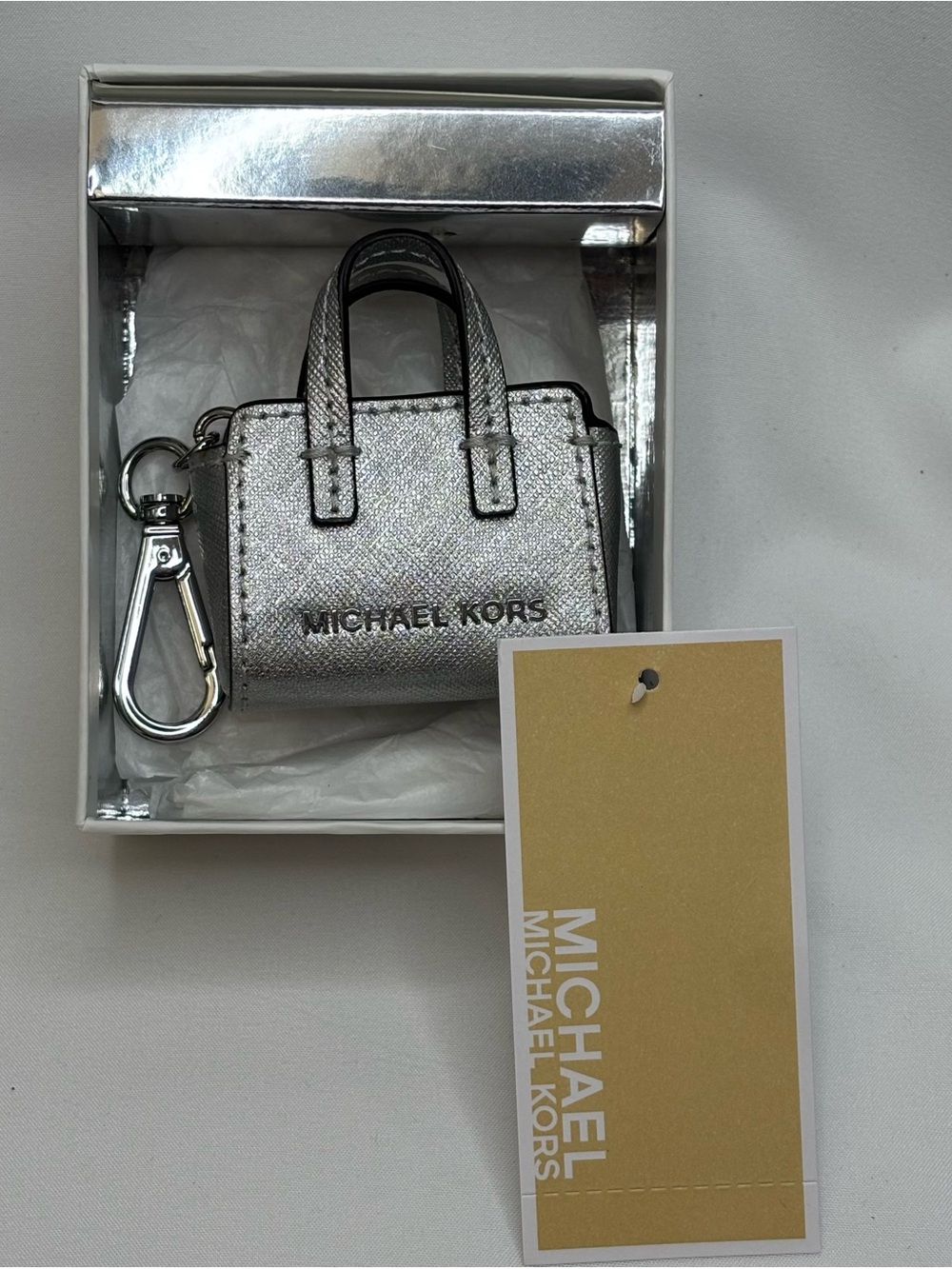Michael Kors Metallic Silver Mini Tote Key charm - Picture 2 of 4